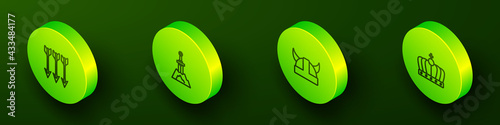 Set Isometric line Crossed arrows, Sword in the stone, Viking horned helmet and King crown icon. Vector