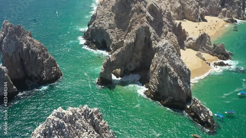 Aerial view of the Arch of Cabo San Lucas, at the tip of the Baja California Peninsula, in Los Cabos, México