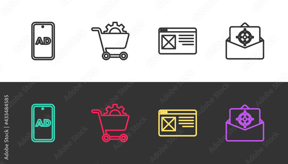 Set line Advertising, Shopping cart, Browser window and Mail and e-mail on black and white. Vector