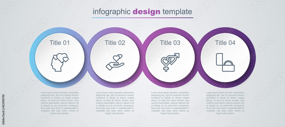 Set line Head with heart, Heart in hand, Gender and Diamond engagement ring. Business infographic template. Vector Set line Head with heart, Heart in hand, Gender and Diamond engagement ring. Business infographic template. Vector