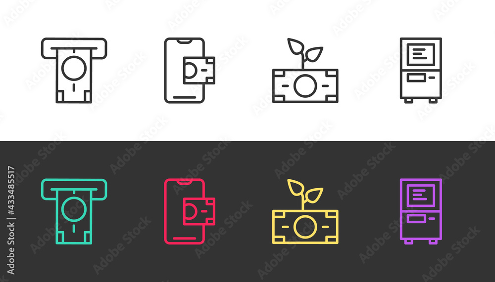 Set line ATM and money, Mobile banking, Money plant the pot and on black and white. Vector Set line ATM and money, Mobile banking, Money plant the pot and on black and white. Vector