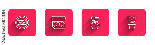 Set line No money, ATM and, Piggy bank hammer and Money plant in the pot with long shadow. Red square button. Vector