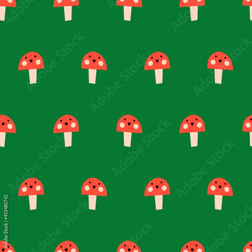 Cute toadstools seamless vector kids pattern repeat. Repeating background mushroom fungi with smiling faces on green. Surface design for fabric, wrapping, kids wear, children decor, baby nursery.