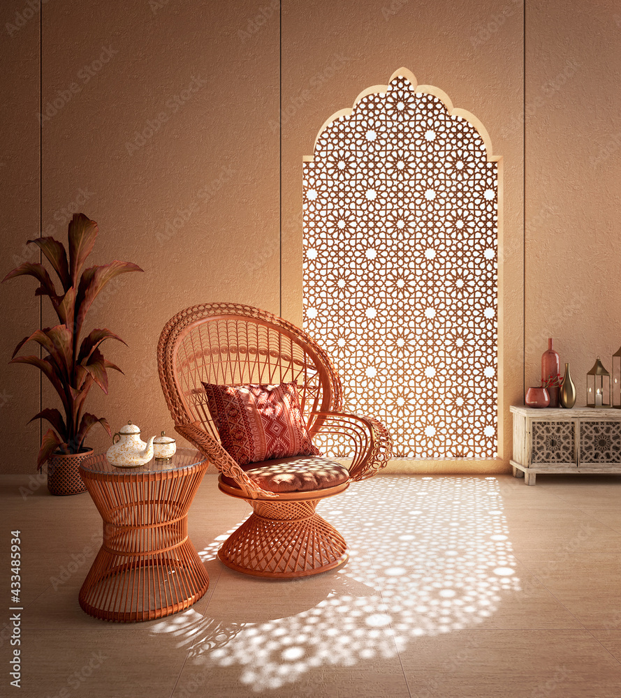Arabic,Islamic style interior.Rattan chair,table and arabic pattern in window with shadow.3d rendering - obrazy, fototapety, plakaty 