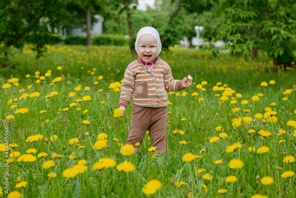 A little girl smiles in a green clearing with dandelions A little girl smiles in a green clearing with dandelions