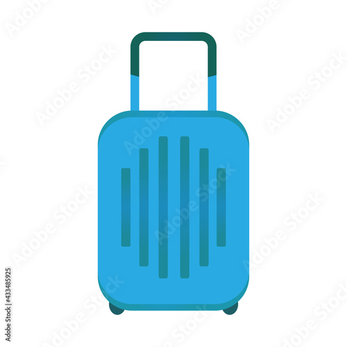 Carry on luggage bag, blue suitcase with handle and wheels in simple flat style. Vector illustration isolated on white background. Rolling baggage, travel concept.