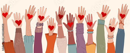 Arms and hands raised. Charity donation and volunteer work. Group of diverse people with heart in hand. Support and assistance. People diversity. Multicultural and multiethnic community