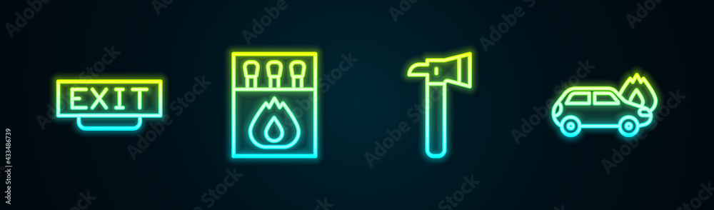 Set line Fire exit, Matchbox and matches, Firefighter axe and Burning car. Glowing neon icon. Vector Set line Fire exit, Matchbox and matches, Firefighter axe and Burning car. Glowing neon icon. Vector