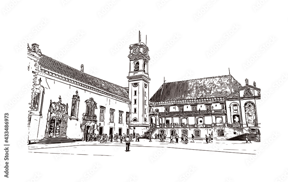 Building view with landmark of Coimbra is the
city in Portugal. Hand drawn sketch illustration in vector.