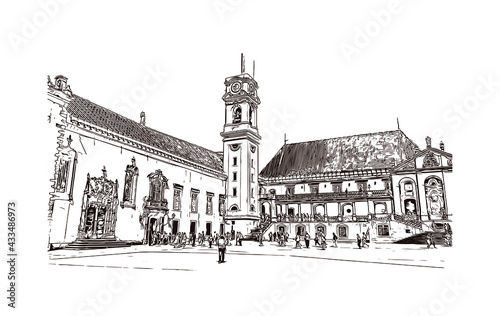 Obraz na płótnie Building view with landmark of Coimbra is the
city in Portugal. Hand drawn sketch illustration in vector. w salonie