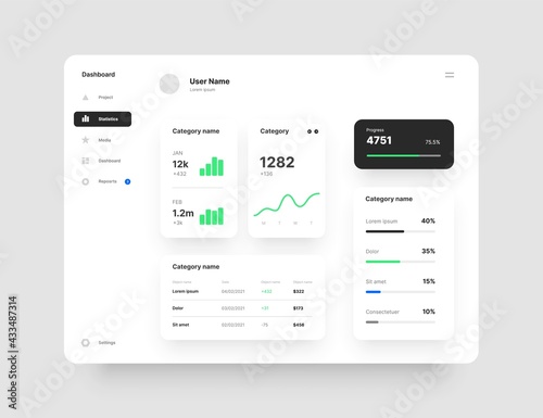 Dashboard design. Desktop app with UI elements. Use for web application or website.