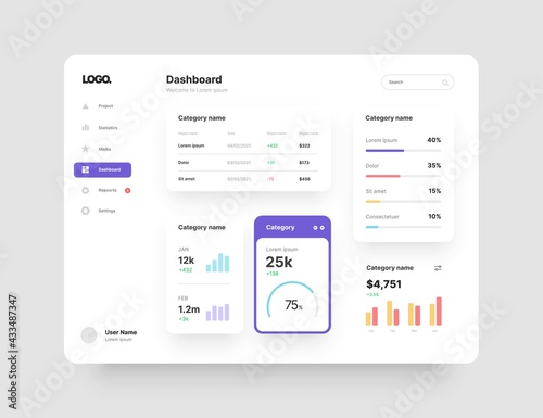 Dashboard design. Desktop app with UI elements. Use for web application or website.