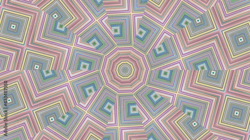Pastel colored pattern with squares and lines converging, transforming, changing ornament. Multicolor abstract symmetrical background. Geometrical hypnotic metamorphoses. 4K UHD 4096x2304 Pastel colored pattern with squares and lines converging, transforming, changing ornament. Multicolor abstract symmetrical background. Geometrical hypnotic metamorphoses. 4K UHD 4096x2304