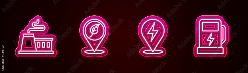 Set line Factory, Location with leaf, Lightning bolt and Electric car charging station. Glowing neon icon. Vector Set line Factory, Location with leaf, Lightning bolt and Electric car charging station. Glowing neon icon. Vector
