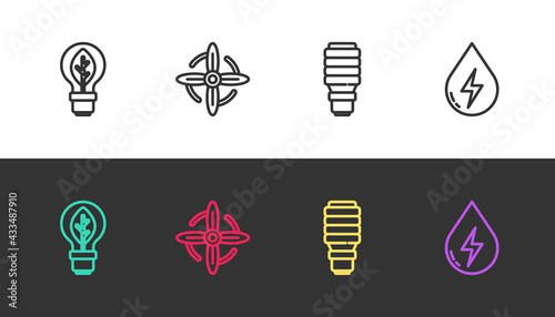 Set line Light bulb with leaf, Wind turbine, LED light and Water energy on black and white. Vector
