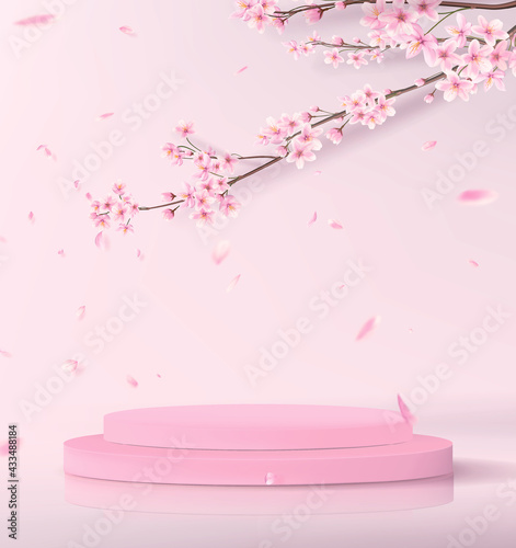 3d scene with an empty cylindrical podium. Showcase mockup for product showcase in pink with sakura branches on the background.