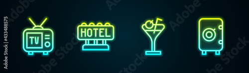 Set line Retro tv, Signboard with text Hotel, Martini glass and Safe. Glowing neon icon. Vector