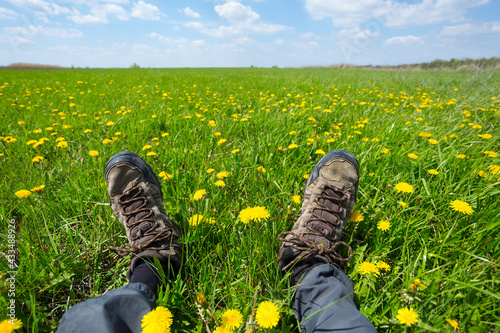 closeup hikers feet in prairie with dandelion flowers, natural travel background