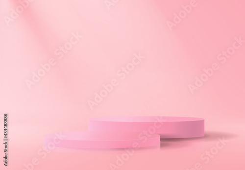 Abstract 3d background with set of empty podiums in pink in minimalistic style. A group of realistic pedestals to showcase cosmetic products for sales.