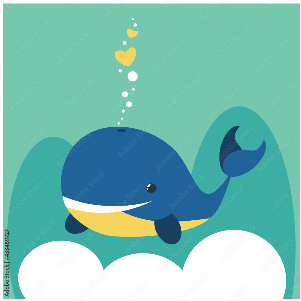Obraz premium Cheerful kind whale on a blue background with hearts. Children's illustration of a whale. Vector illustration.
