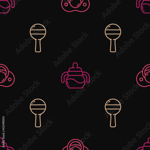 Set line Baby dummy pacifier, Rattle baby toy and bottle on seamless pattern. Vector