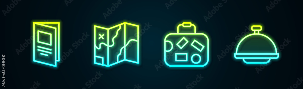 Set line Brochure, Folded map, Suitcase and Covered with tray. Glowing neon icon. Vector Set line Brochure, Folded map, Suitcase and Covered with tray. Glowing neon icon. Vector
