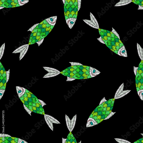 Fish embroidery stitches imitation on black background