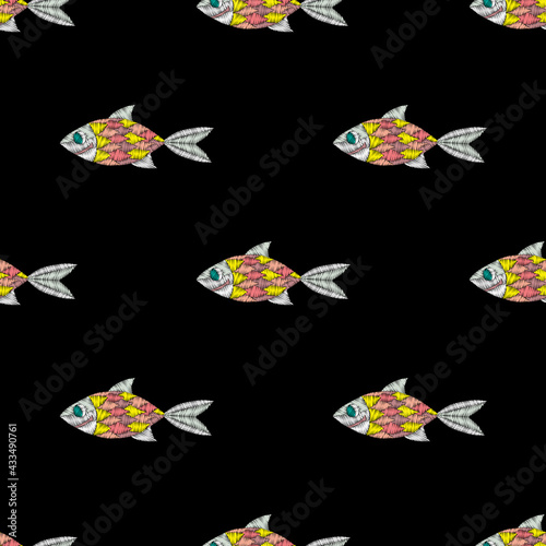 Fish embroidery stitches imitation on black background