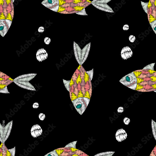 Fish embroidery stitches imitation on black background