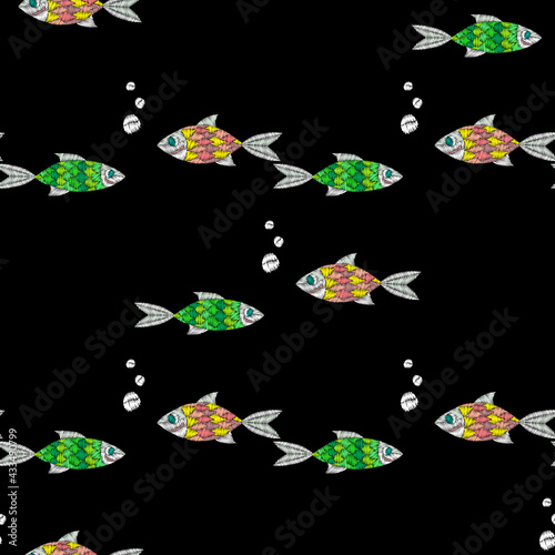 Fish embroidery stitches imitation on black background