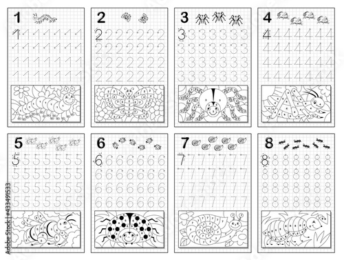 Set of black and white educational pages on square paper for kids. Trace numbers and color insects. Printable worksheet for children textbook. Coloring book. Developing writing skill. Back to school.