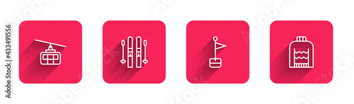 Set line Cable car, Ski and sticks, Location marker and Christmas sweater with long shadow. Red square button. Vector