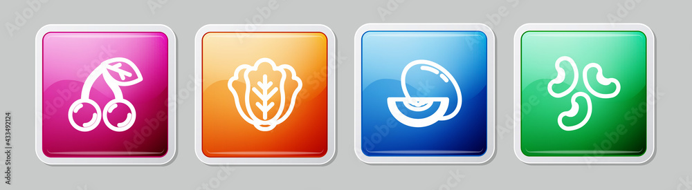 Set line Cherry, Cabbage, Melon fruit and Beans. Colorful square button. Vector Set line Cherry, Cabbage, Melon fruit and Beans. Colorful square button. Vector