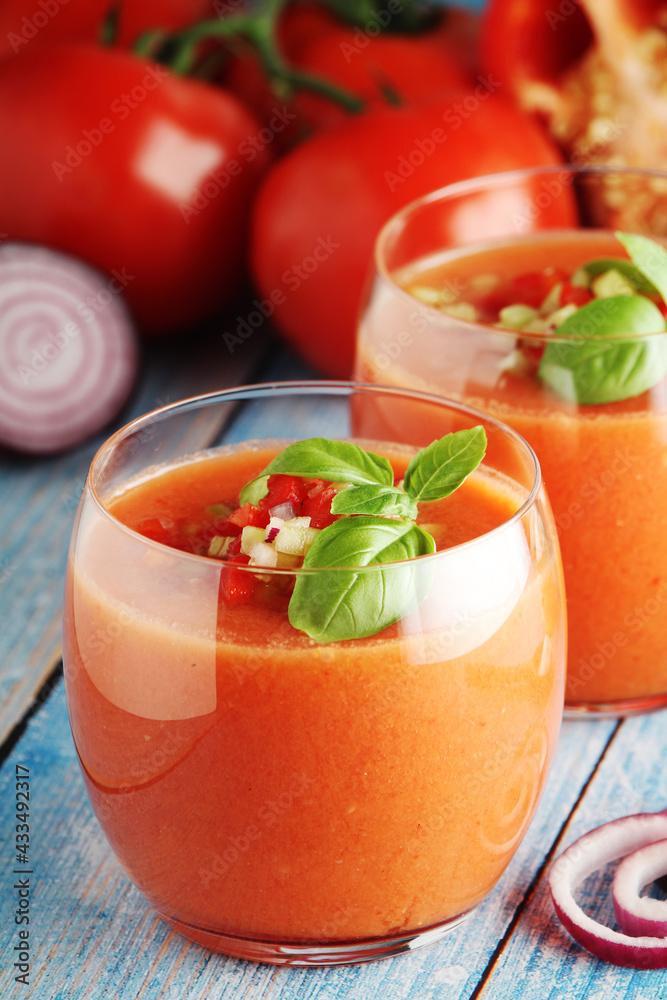 Cold Spanish soup Gazpacho served in glasses Cold Spanish soup Gazpacho served in glasses