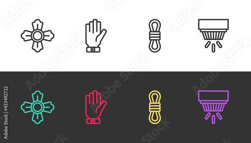 Set line Firefighter, gloves, Climber rope and Smoke alarm system on black and white. Vector