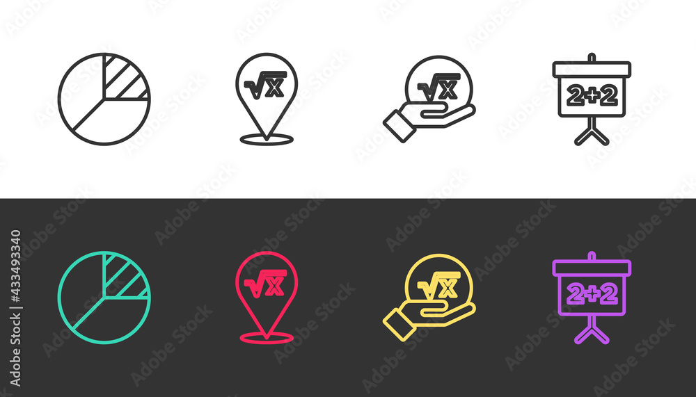 Set line Pie chart infographic, Square root of x glyph, and Chalkboard on black and white. Vector Set line Pie chart infographic, Square root of x glyph, and Chalkboard on black and white. Vector