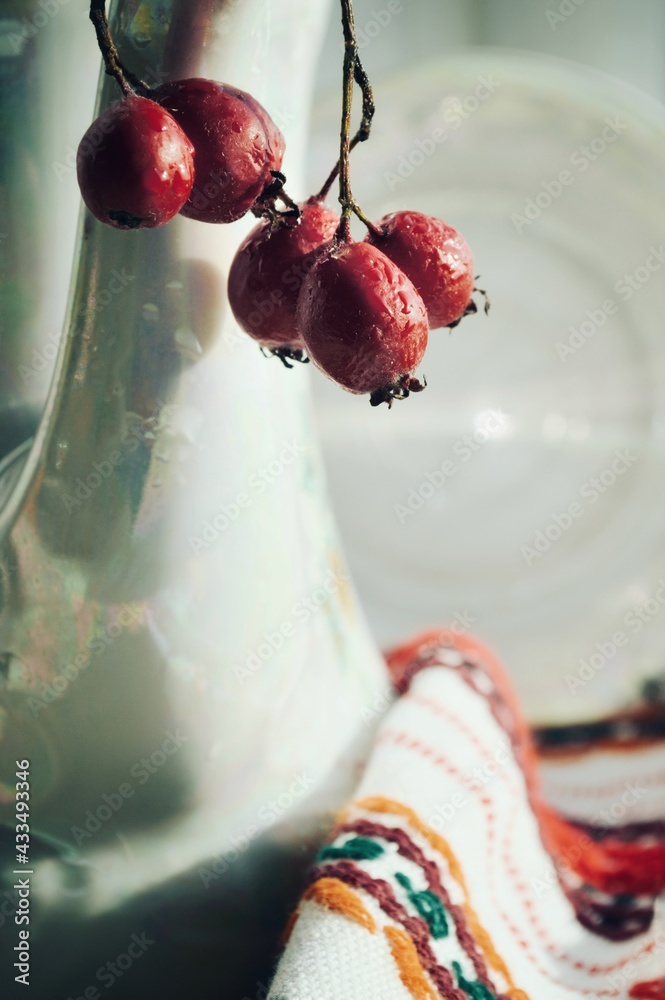 Moist twig of ripe red hawthorn on mother of pearl teapot. Still life style image. Health food and decorative ideas.