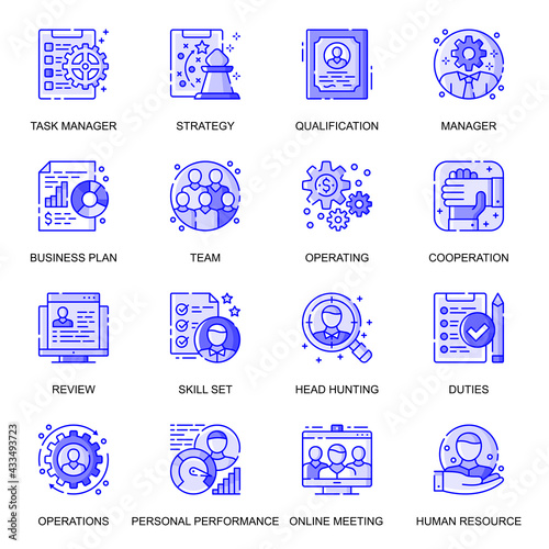 People Management web flat line icons set. Pack outline pictogram of cooperation, business strategy, head hunting, management concept. Vector illustration of symbols for website mobile app design