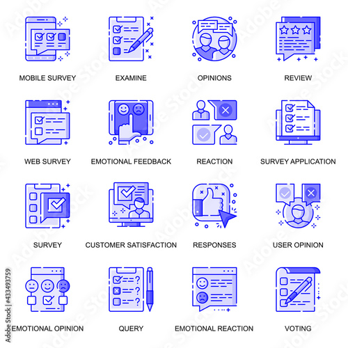 Survey web flat line icons set. Pack outline pictogram of review, emotional feedback, customer satisfaction, customer opinion concept. Vector illustration of symbols for website mobile app design