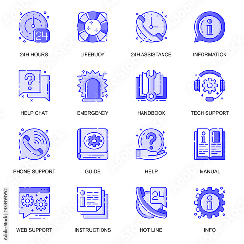 Help And Support web flat line icons set. Pack outline pictogram of 24 h hours assistance, operator hot line, tech service concept. Vector illustration of symbols for website mobile app design