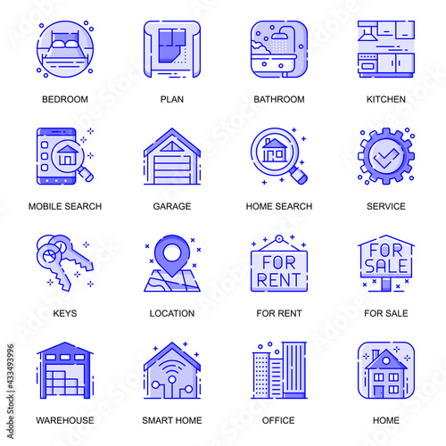 Real Estate web flat line icons set. Pack outline pictogram of rooms at house, home purchase, apartment, property, realtor agency concept. Vector illustration of symbols for website mobile app design
