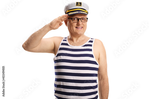 Mature sailor captain greeting with hand on his head