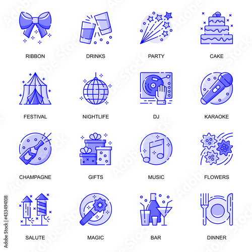 Party Event web flat line icons set. Pack outline pictogram of decorations, celebration holiday, gifts, birthday cake, nightlife concept. Vector illustration of symbols for website mobile app design