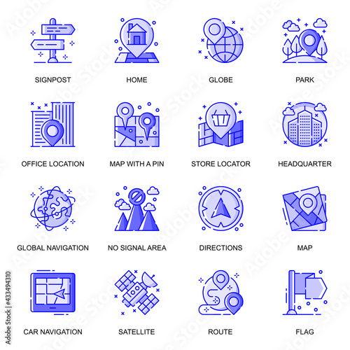 Navigation web flat line icons set. Pack outline pictogram of signpost, different locations, map with pin, travel route, direction concept. Vector illustration of symbols for website mobile app design