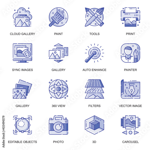 Images web flat line icons set. Pack outline pictogram of designer tools, gallery, editable objects, photo, making graphic content concept. Vector illustration of symbols for website mobile app design