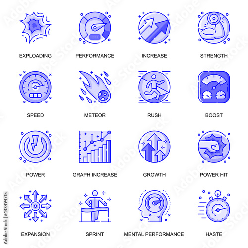 Performance web flat line icons set. Pack outline pictogram of exploding, strength, speed, meteor, boost, expansion, effects concept. Vector illustration of symbols for website mobile app design