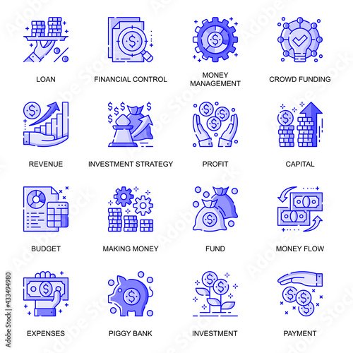 Finance web flat line icons set. Pack outline pictogram of investment, financial control, management, crowdfunding, strategy concept. Vector illustration of symbols for website mobile app design