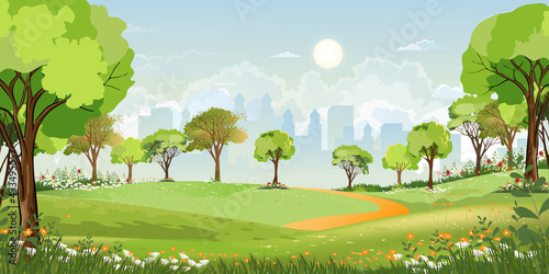Spring landscape at city park in the morning, Natural public park with flowers blooming in the garden, Peaceful scene of green fields with blurry cityscape building, cloudy and sun on summer