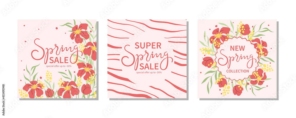 Set of spring sale banner template for social networks with colotful flowers, abstraction and lettering. Suitable for promotions, stories, post and internet ads. Vector illustration. Set of spring sale banner template for social networks with colotful flowers, abstraction and lettering. Suitable for promotions, stories, post and internet ads. Vector illustration.