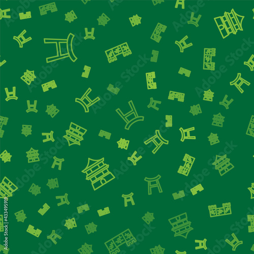 Set line Japan Gate, Chinese house and Great wall of China on seamless pattern. Vector